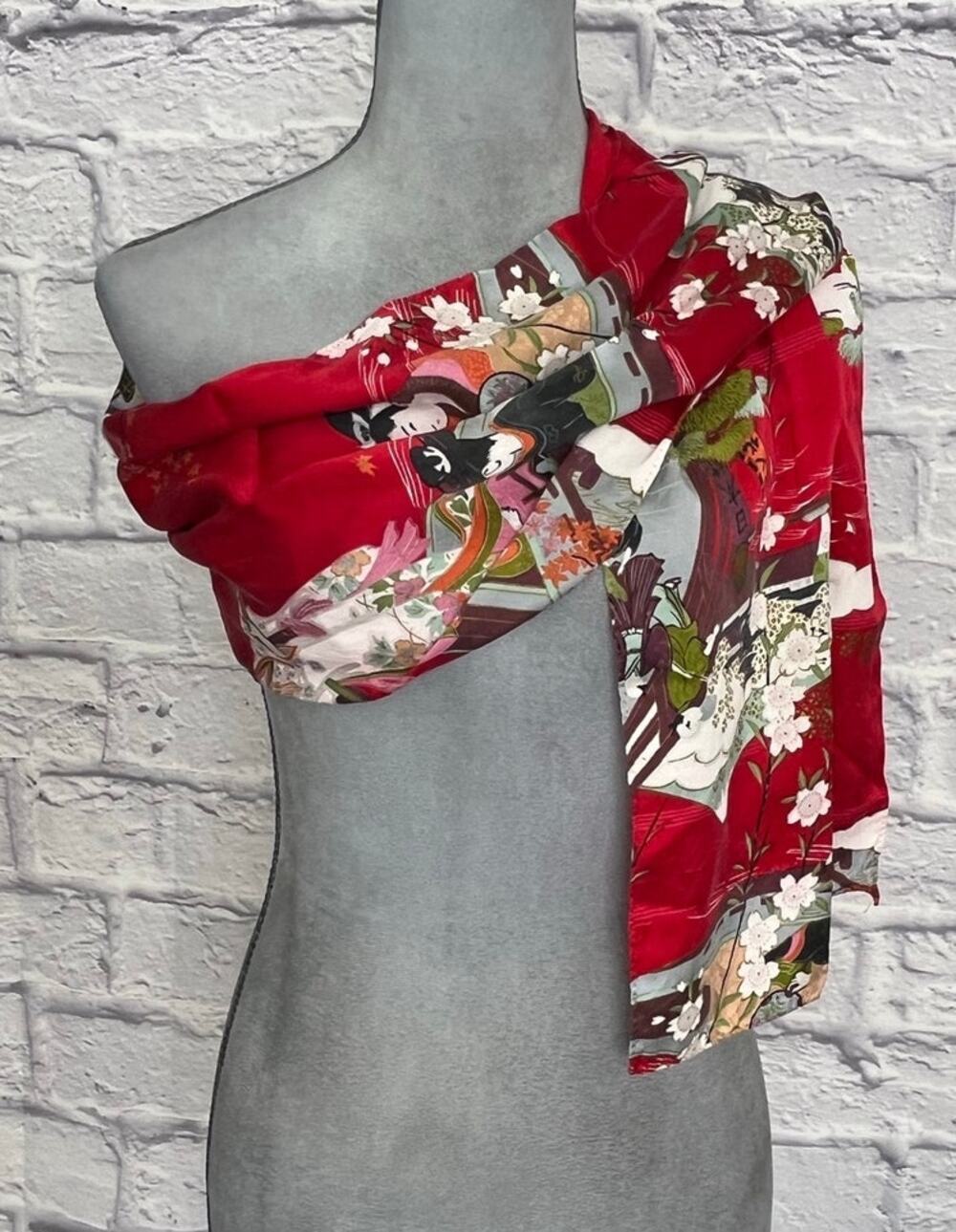 Vintage Silk Made in Japan Sakura Ukiyo-e Style Scarf